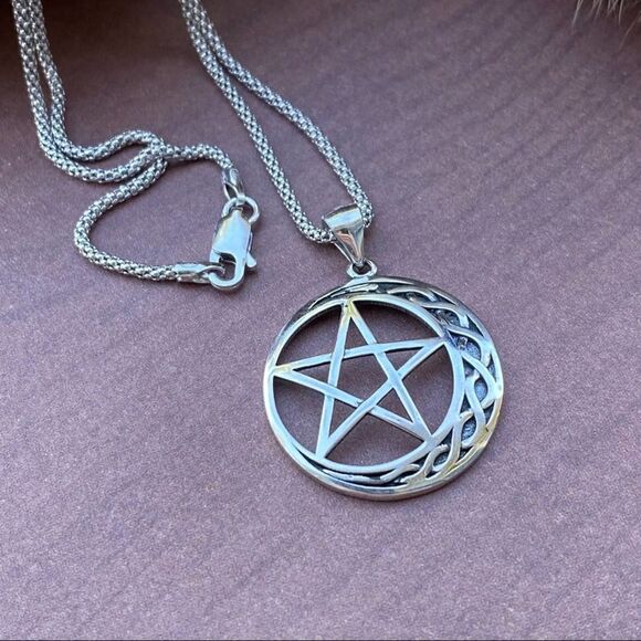 Celtic Crescent Moon And Star Sterling Silver Necklace Popcorn Chain - Picture 5 of 6